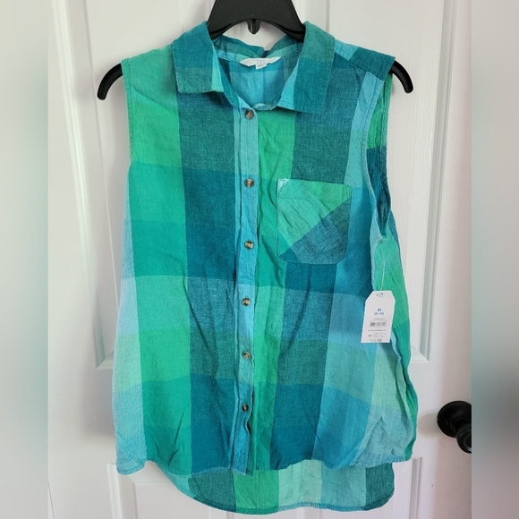 NWT Time and Tru Linen Blend Blue Green Sleeveless Button-Up Henley Top Size Med - Picture 3 of 8